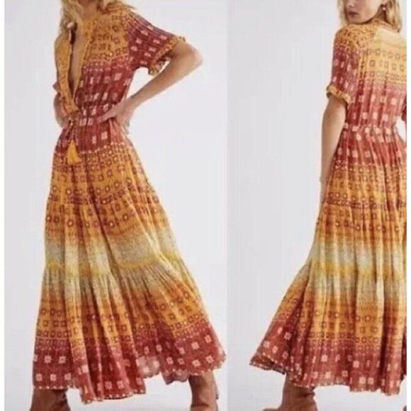 Free People Womens Rare Feelings Maxi Dress Size Orange Floral Boho Lined - Picture 1 of 8